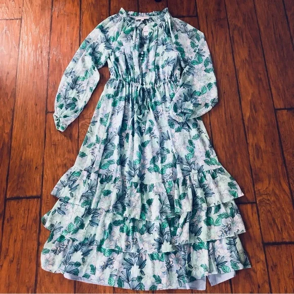 NWT LOFT Blue and Black Green Floral Maxi Dress Layered Ruffles Puff Sleeves - Picture 4 of 15